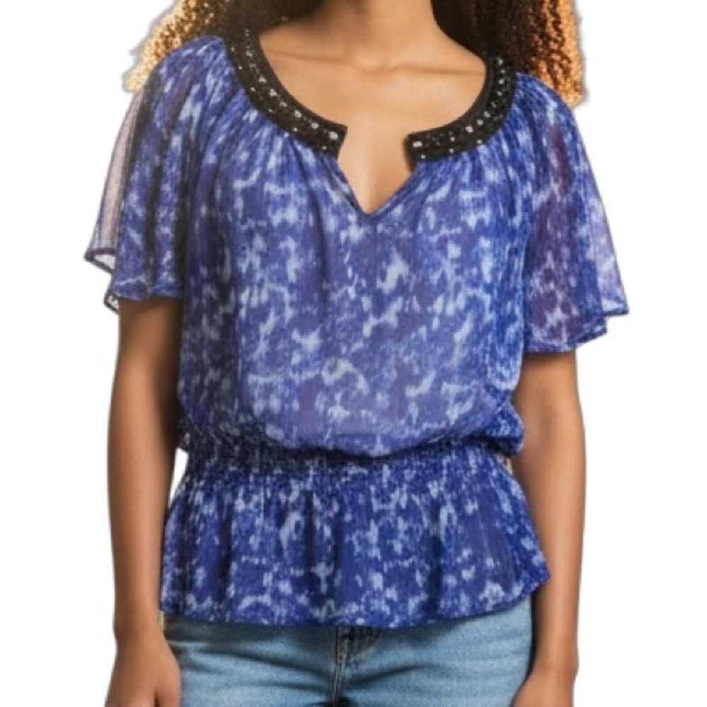 Michael Kors Blue Tie-Dye Blouse with Jems Vneck Collar 2328‎ M